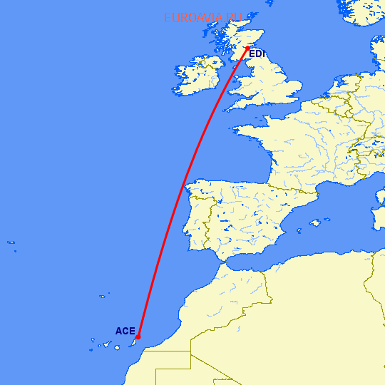 перелет Арресифе — Эдинбург на карте