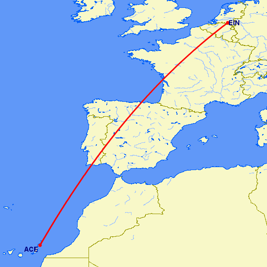 перелет Арресифе — Эйндховен на карте