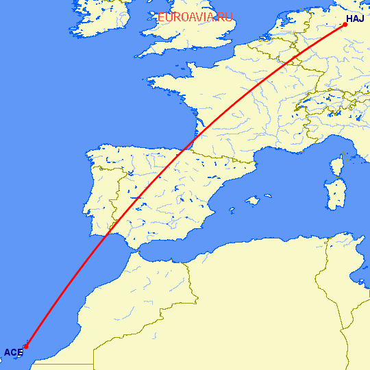 перелет Арресифе — Ганновер на карте