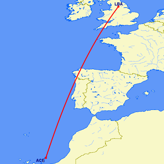 перелет Арресифе — Лидс на карте