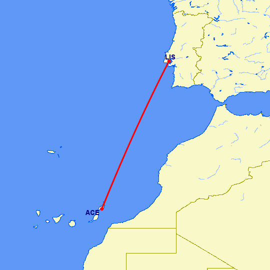 перелет Арресифе — Лиссабон на карте