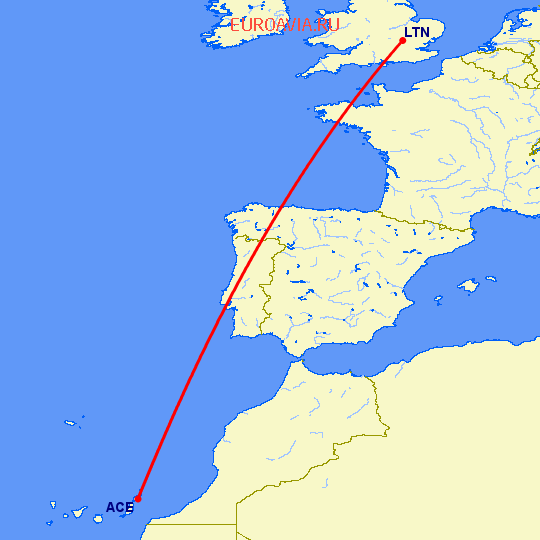 перелет Арресифе — Luton на карте