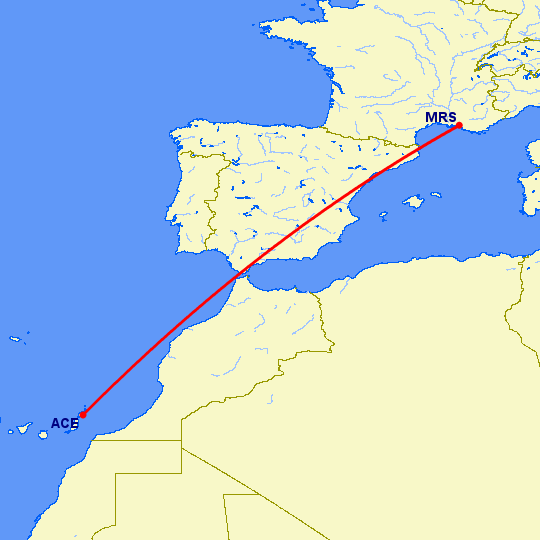 перелет Арресифе — Марсель на карте