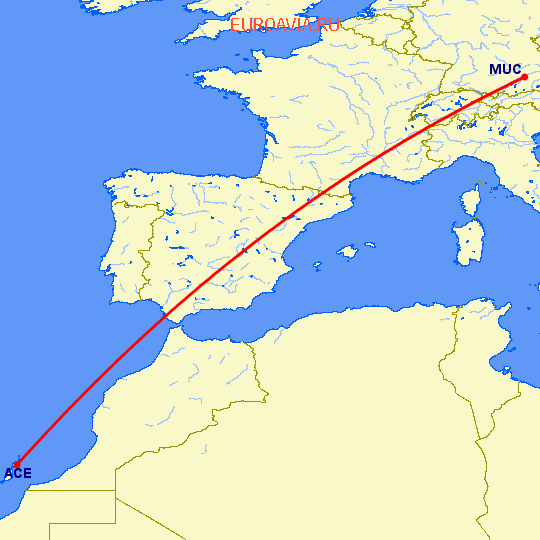 перелет Арресифе — Мюнхен на карте