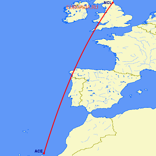 перелет Арресифе — Ньюкасл на карте