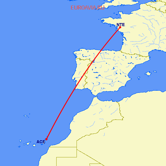 перелет Арресифе — Нант на карте