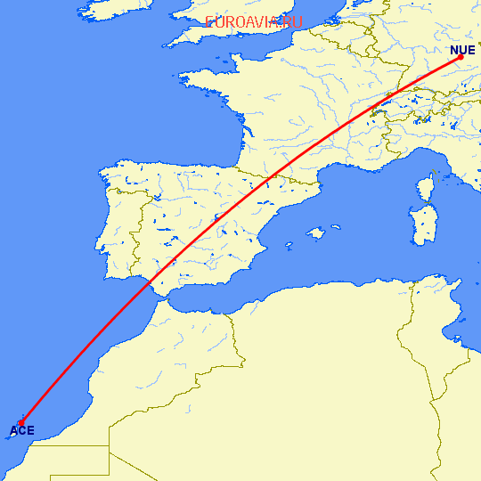 перелет Арресифе — Нюремберг на карте