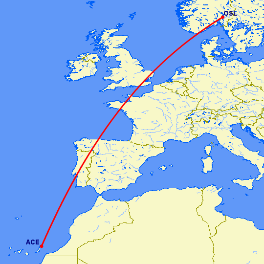 перелет Арресифе — Осло на карте