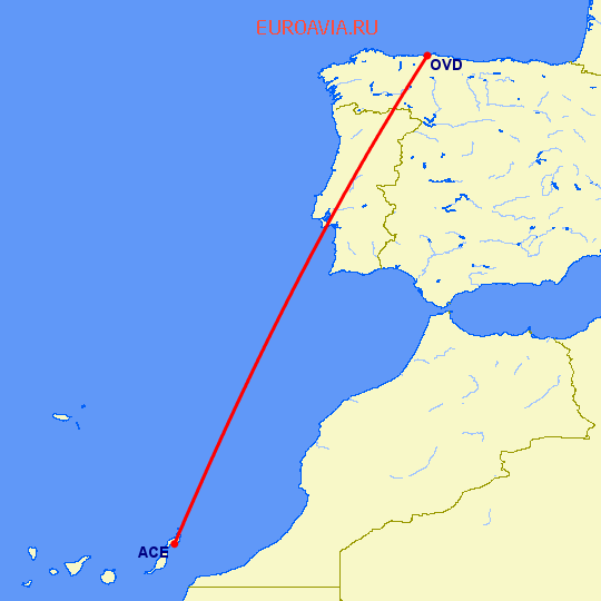 перелет Арресифе — Овьедо-Авилес на карте