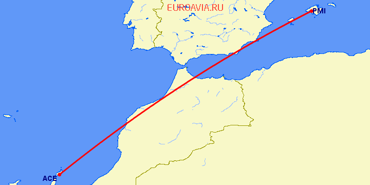 перелет Арресифе — Пальма де Майорка на карте