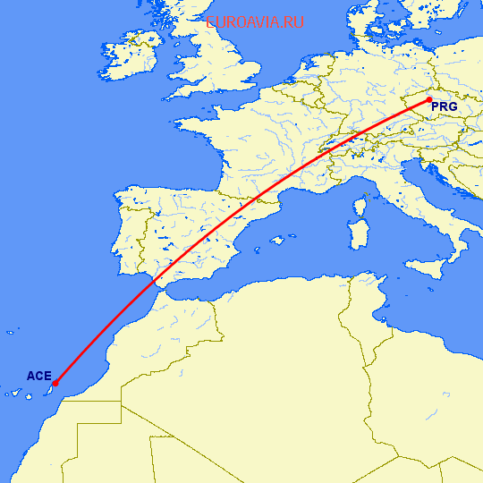 перелет Арресифе — Прага на карте