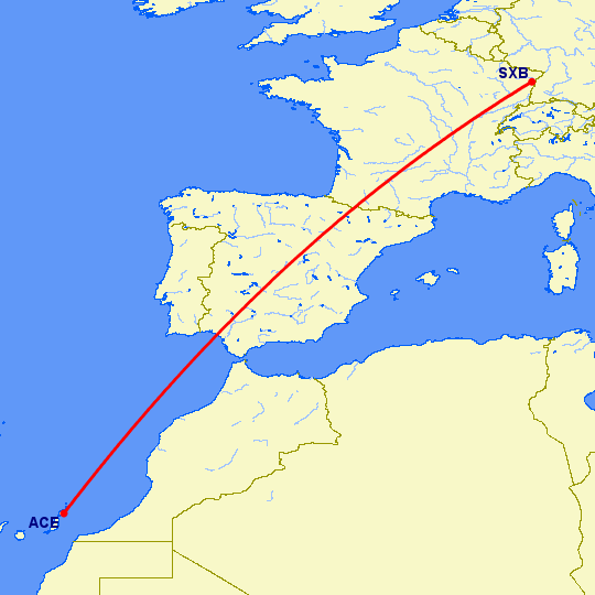 перелет Арресифе — Страсбург на карте