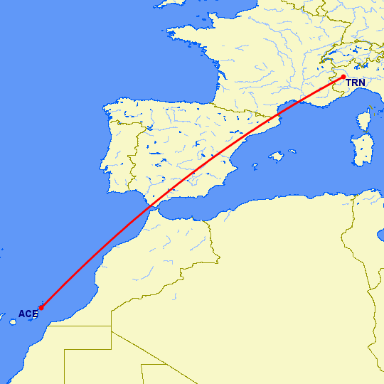 перелет Арресифе — Турин на карте