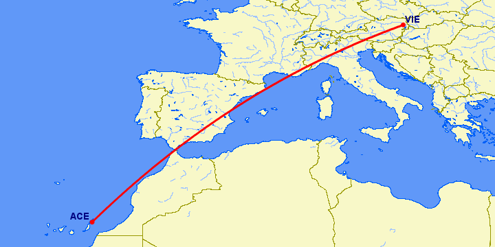 перелет Арресифе — Вена на карте