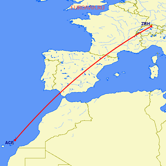 перелет Арресифе — Цюрих на карте