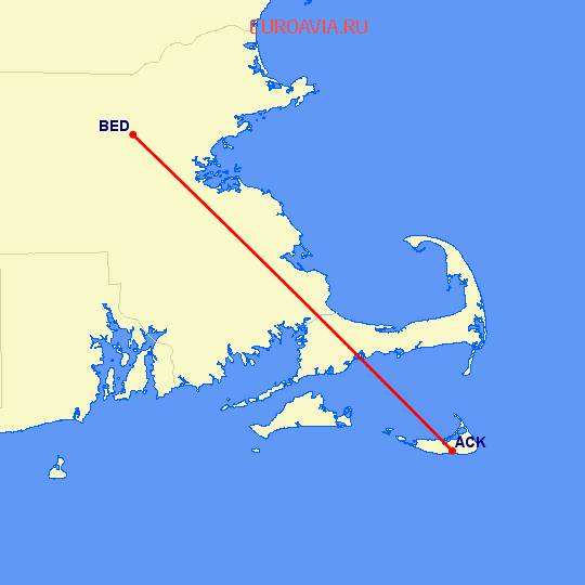перелет Нантакет — Bedford-Hanscom на карте