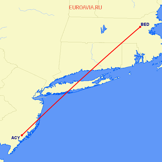 перелет Атлантик Сити — Bedford-Hanscom на карте