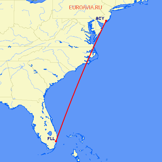 перелет Атлантик Сити — Форт Лодердейл  на карте