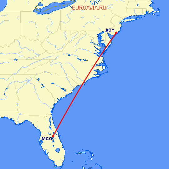 перелет Атлантик Сити — Орландо на карте