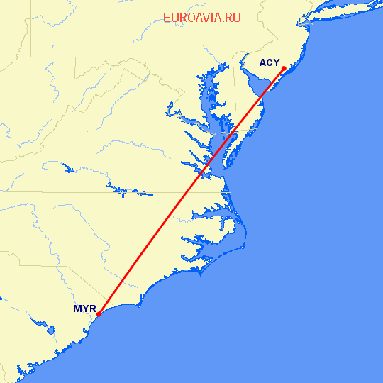 перелет Атлантик Сити — Миртл Бич на карте