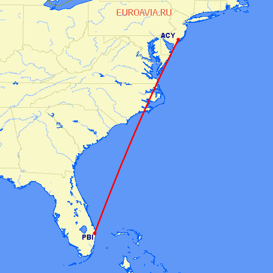 перелет Атлантик Сити — Уэст Палм Бич на карте