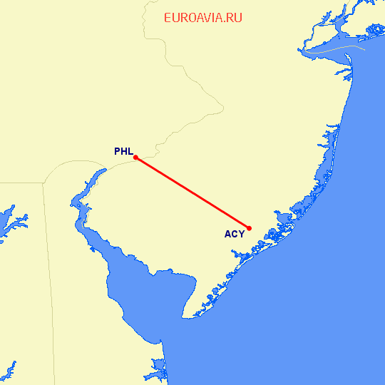 перелет Атлантик Сити — Филадельфия на карте