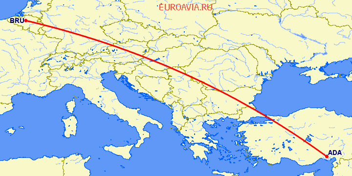 перелет Адана — Брюссель на карте