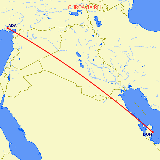 перелет Адана — Доха на карте