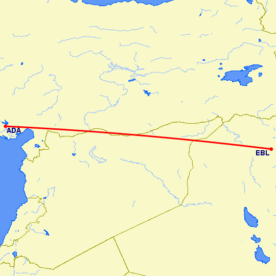 перелет Адана — Эрбиль на карте
