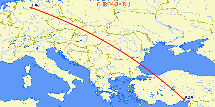 перелет Адана — Ганновер на карте