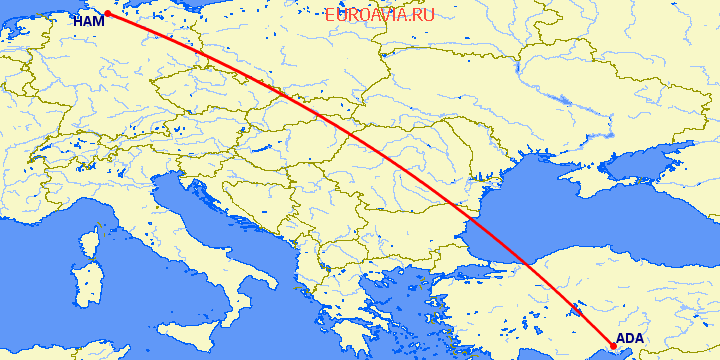 перелет Адана — Гамбург на карте
