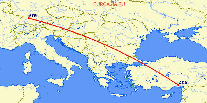 перелет Адана — Штуттгард на карте