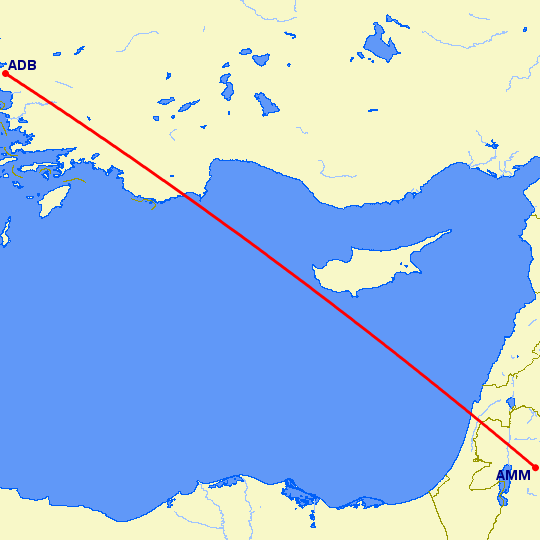 перелет Измир — Амман на карте