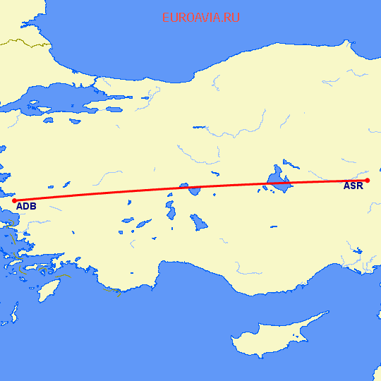 перелет Измир — Кайсери на карте
