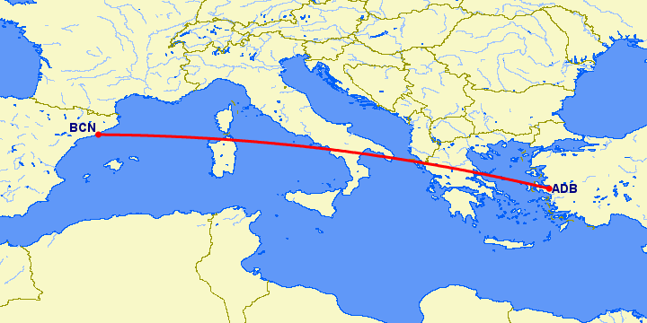 перелет Измир — Барселона на карте