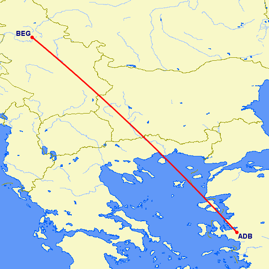 перелет Измир — Белград на карте