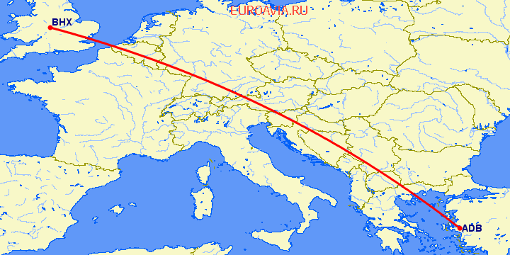 перелет Измир — Бирмингем на карте