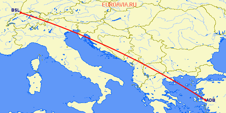 перелет Измир — Базель-Мюлуз на карте