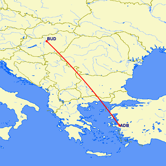 перелет Измир — Будапешт на карте