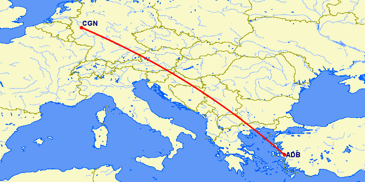 перелет Измир — Кельн на карте