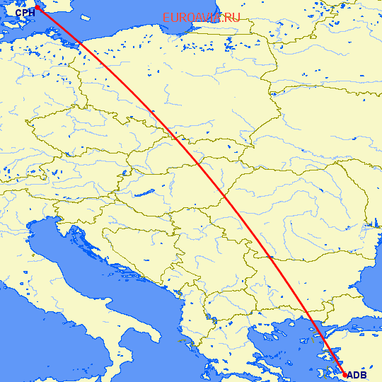 перелет Измир — Копенгаген на карте