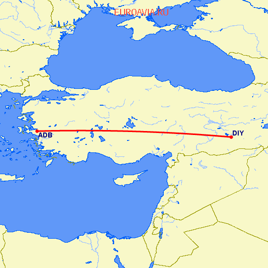 перелет Измир — Диярбакыр на карте