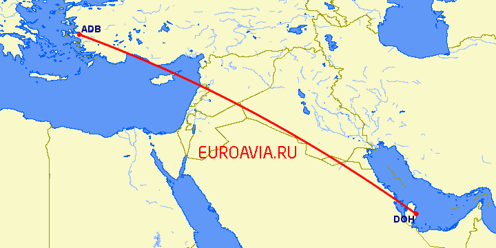 перелет Измир — Доха на карте