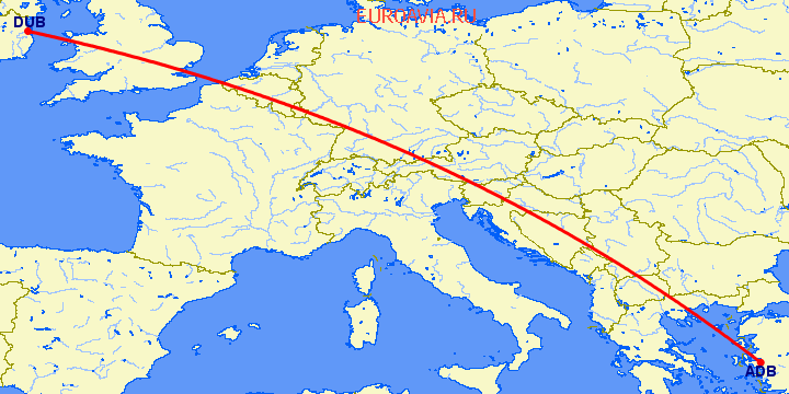 перелет Измир — Дублин на карте