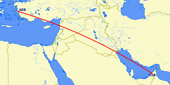 перелет Измир — Дубай на карте