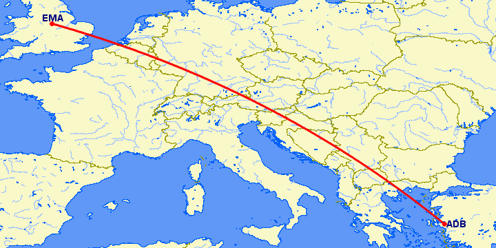 перелет Измир — Дерби на карте
