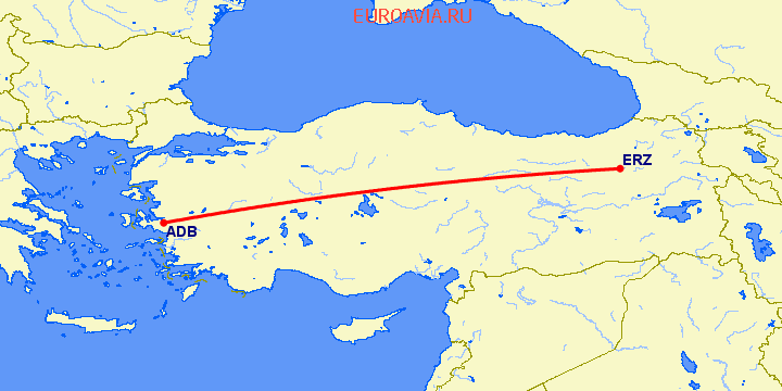 перелет Измир — Эрзурум на карте