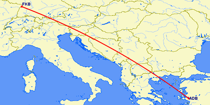 перелет Измир — Карлсруэ-Баден Баден на карте