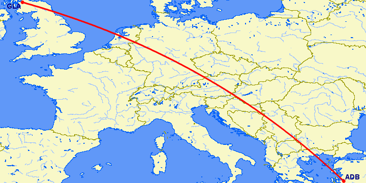перелет Измир — Глазго на карте