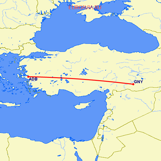 перелет Измир — Шанлыурфа на карте